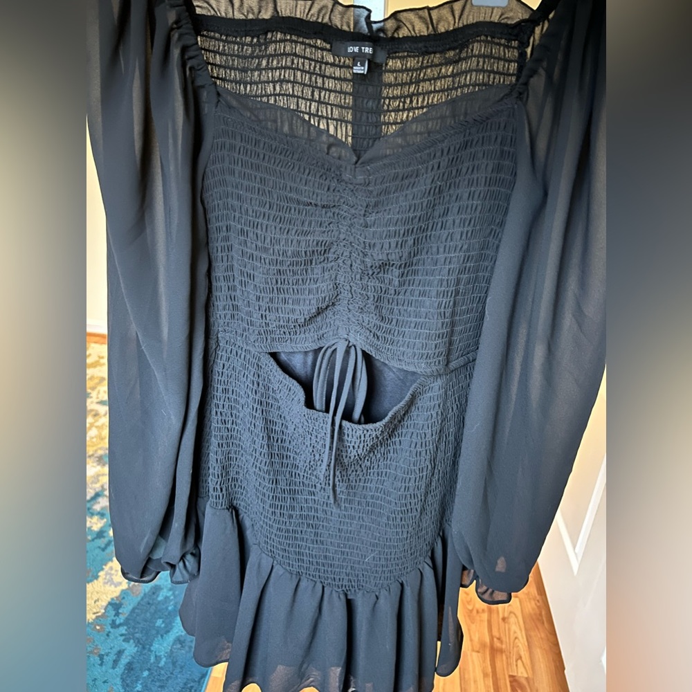 Black Smocked Ruffle Hem Cut Out Mini Dress NWT